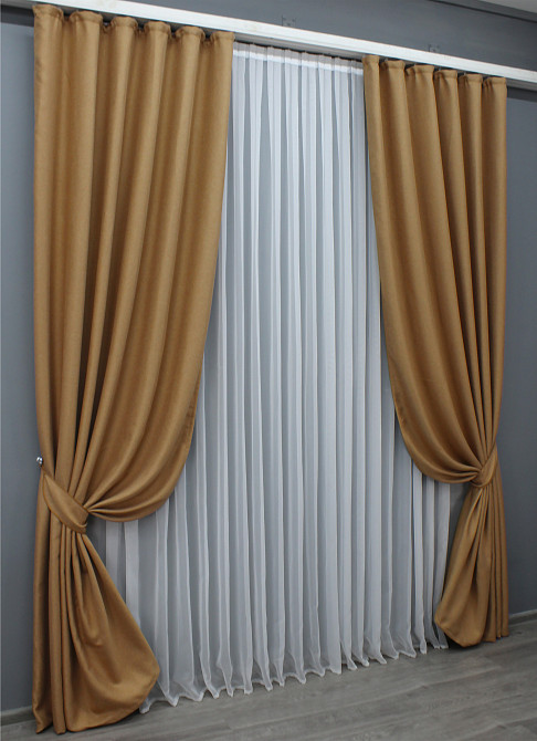 Комплект готовых штор VR-Textil Лен рогожка № 1427ш Карамельный 150х270 см 2 шт (33-0295) Киев - изображение 3