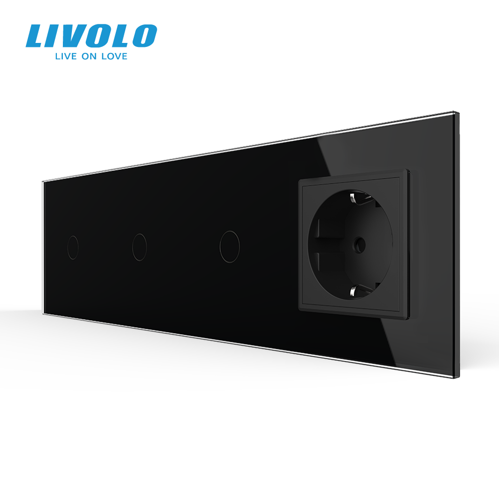 LIVOLO Сенсорний вимикач 3 сенсора (1-1-1) 1 розетка Livolo чорний скло (VL-C703/C7C1EU-12) Коломия - фото 5