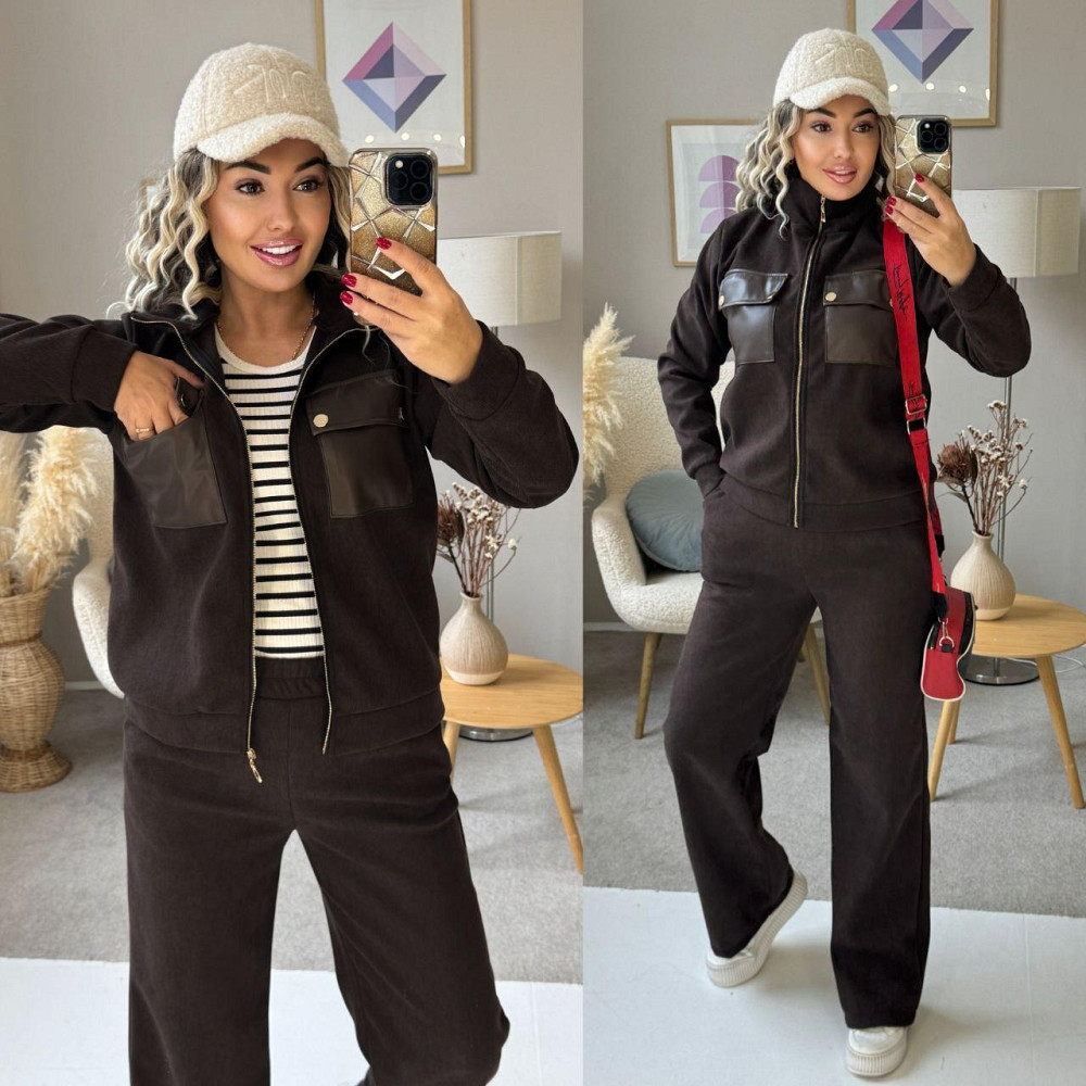 Женский стильный костюм двойка: кофта и штаны вельвет на плотном флисе Шоколадный, 46/48 Одесса - изображение 4