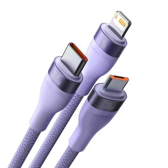 Кабель Baseus Flash Series Ⅱ One-for-three Fast Charging Data Cable USB to M+L+C 100W 1.2m Purple Київ
