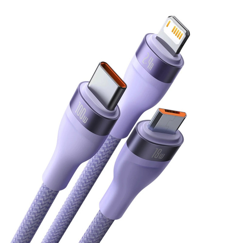 Кабель Baseus Flash Series Ⅱ One-for-three Fast Charging Data Cable USB to M+L+C 100W 1.2m Purple Київ - фото 3