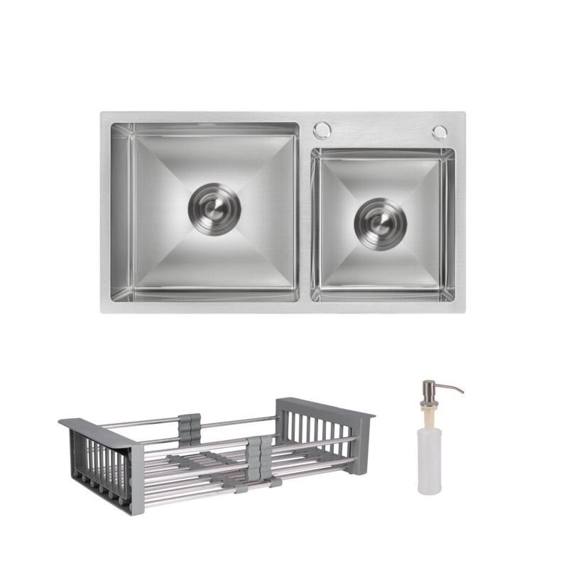 Мийка для кухні з двома чашами Lidz Handmade H7843 інтегрована Brushed у комплекті з дозатором та кошиком Київ - фото 1