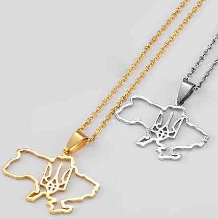 Кулон карта Украины с гербом RESTEQ серебряного цвета 60 см. Подвеска в форме Украинской карты с трезубцем. Металлический кулон Киев