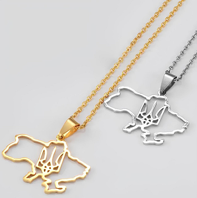 Кулон карта Украины с гербом RESTEQ серебряного цвета 60 см. Подвеска в форме Украинской карты с трезубцем. Металлический кулон Киев - изображение 2