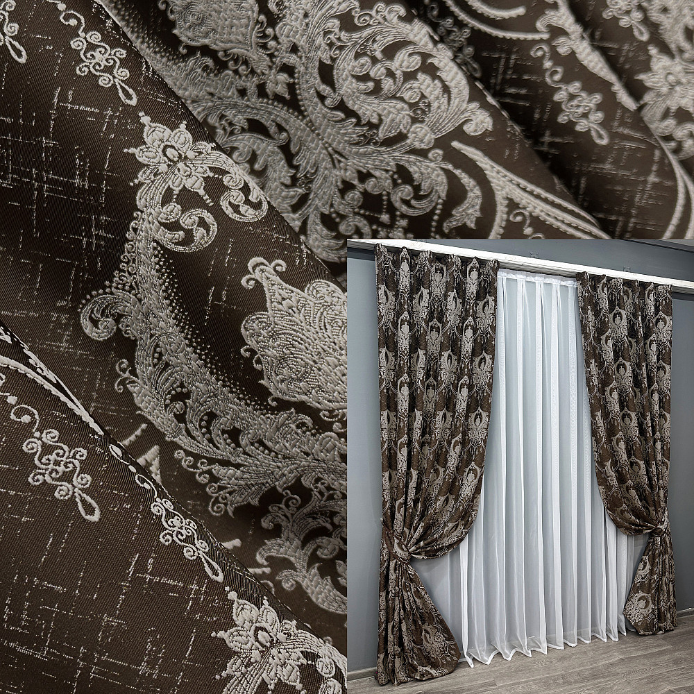 Комплект готовых штор VR-Textil Парча № 1773ш Венге с молочным 155х290 см 2 шт (33-0735) Киев - изображение 1