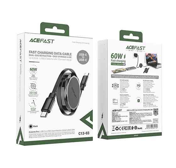 Кабель ACEFAST C13-03 USB-C to USB-C dual retraction charging data cable Black (6974316280132) Киев