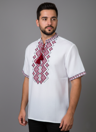 Чоловіча сорочка-вишиванка на короткий рукав Святкова червона Київ