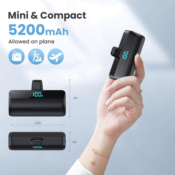 Повербанк Pxwaxpy 5200 мА·ч для iPhone 15/16, USB-C PD, быстрая зарядка, мини Power Bank с LCD-дисплеем, черный Киев