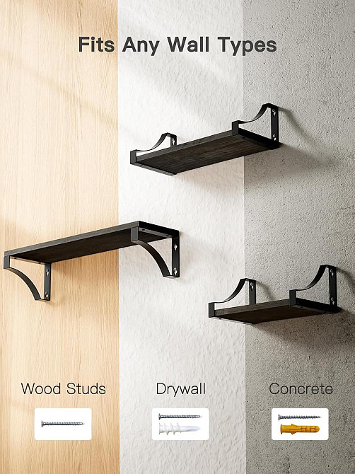 Полиця Pipishell PIFS01B-UK Чорний 3 полиці дерев'яні Paulownia металова конструкція дизайнерська настінна навісна до 10 кг Київ - фото 3