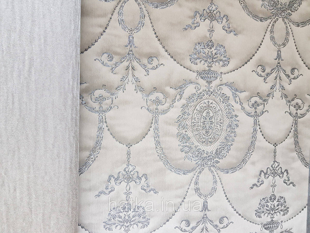 Шпалери вінілові на флізеліні Rasch Trianon Xlll 0.53х10 класика структурні вензелю розетки срібло на бежевому Київ - фото 2