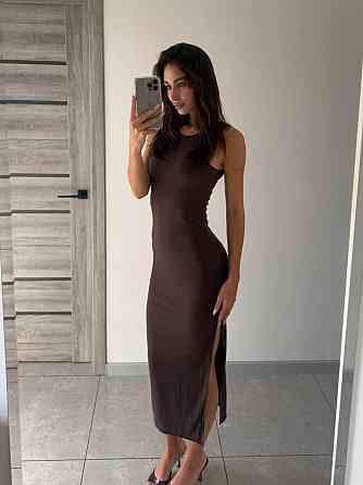 Жіноче базове мідіплаття з привабливим розрізом на нозі турецький щільний рубчик гумка Шоколад Одеса