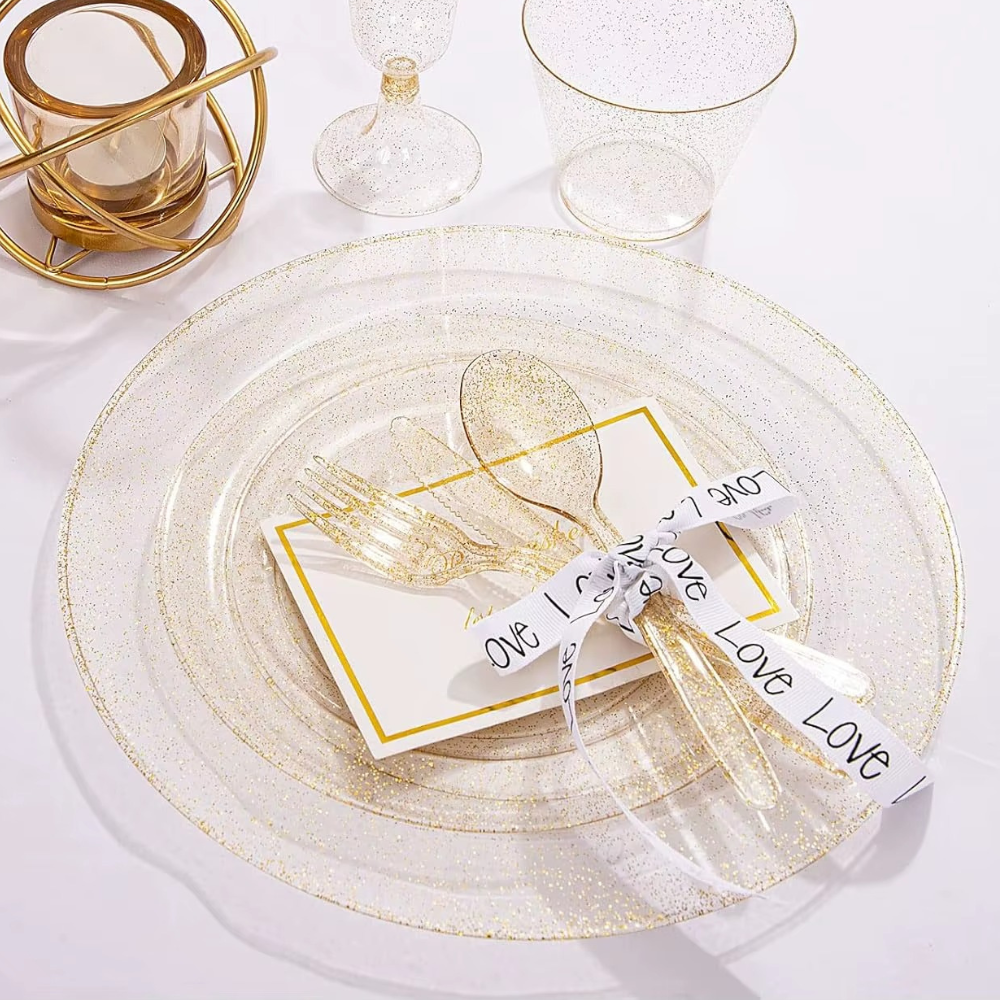 Набор тарелок пластиковые 12 штук круглые,обеденные 26 см и десертные 19 см, золотые прозрачные с блестками Каменец-Подольский - изображение 7