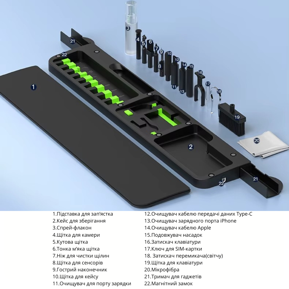 Набор для чистки гаджетов 22в1,комплект щёток с подставкой для клавиатуры для чистки,клавиатуры и электроники Каменец-Подольский - изображение 10