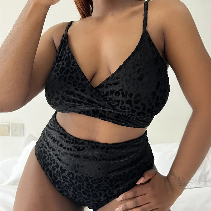 Роздільний купальник великого розміру вельветовий з високою талією 4XL чорний Київ - фото 4