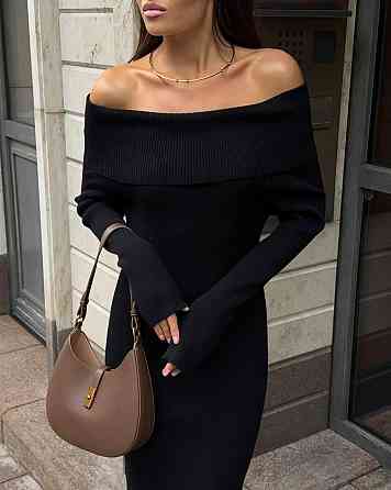 Женское элегантное платье с открытыми плечами турецкая ангора рубчик Черный, 42/44 Одесса