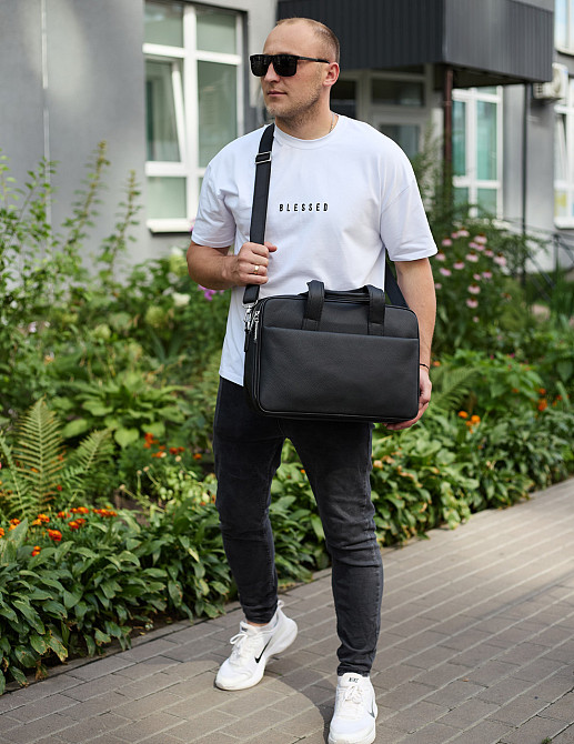 Чоловічий портфель на плече 40х28х10, офісний шкіряний месенджер, чоловіча ділова сумка для міста, чорний Київ - фото 9