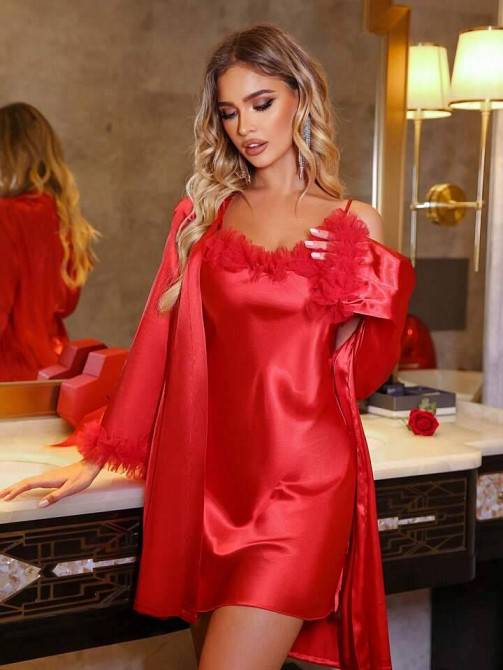 Женский стильный романтичный домашний комплект из сатина Красный, 48/50 Одесса - изображение 1