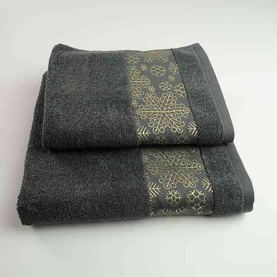 Комплект махровых полотенец Новогодние Merry Christmas Снег 2шт GM Textile 50х90см, 70х140см 500г/м2 (Темно-Серый) Сумы