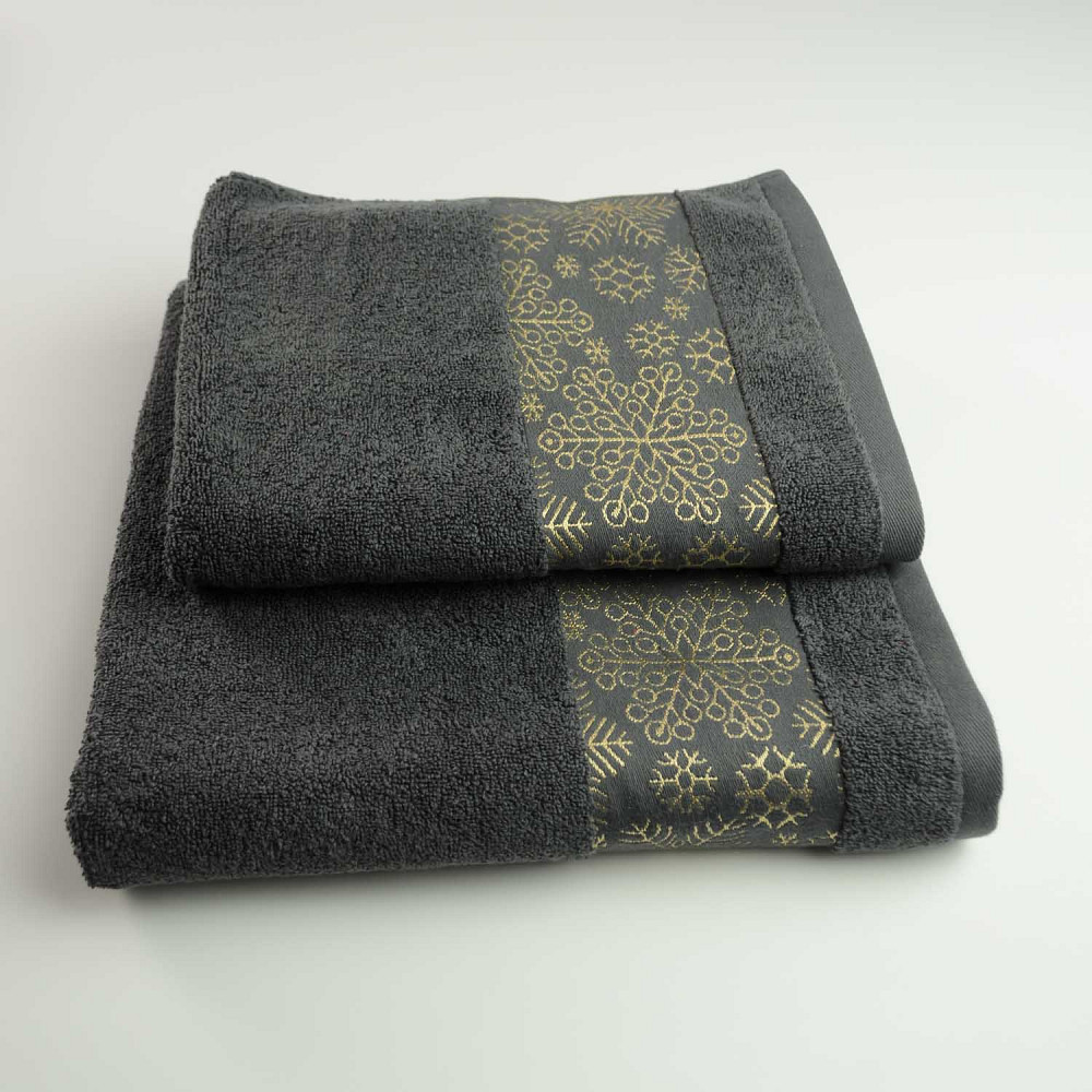 Комплект махрових рушників Новорічні Merry Christmas Сніг 2шт GM Textile 50х90см, 70х140см 500г/м2 (Темно-Сірий) Суми - фото 1