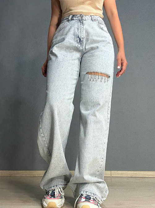 Джинсы женские Its Basic 2775 STRAIGHT FIT прямые свободные с разрезом и стразами серые, серый, 40,  Одесса - изображение 1