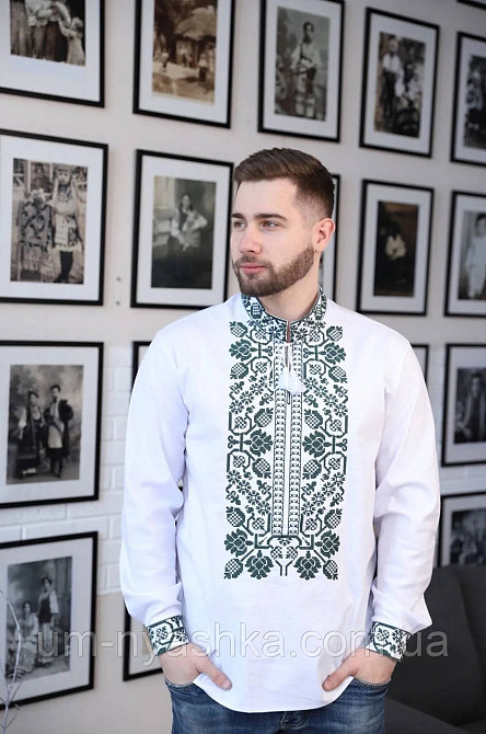 Мужская льняная вышиванка Всеволод белая с хаки Кривой Рог - изображение 1