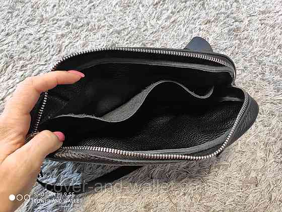 Мужская сумка бананка слинг из натуральной гладкой кожи черного цвета PS Leather Киев