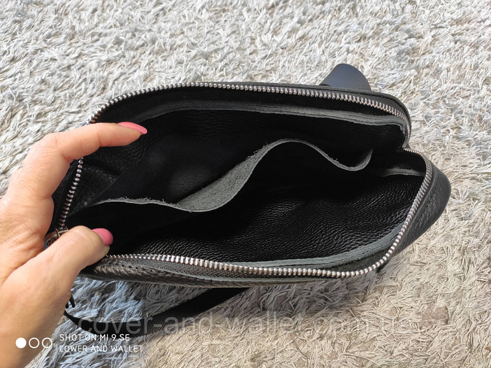 Мужская сумка бананка слинг из натуральной гладкой кожи черного цвета PS Leather Киев - изображение 4