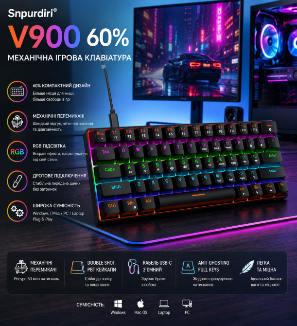 Игровая механическая клавиатура Snpurdiri 60% V900 Black RGB подсветка 61 клавиша проводная Type-C для геймеров и работы Киев - изображение 8