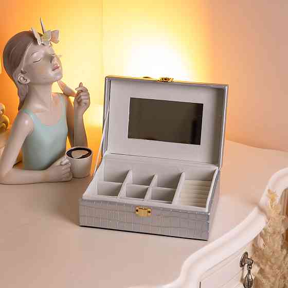 Скринька для прикрас з еко шкіри 10 відділень з дзеркалом 20×14×8 см Сірий HP-5-19G Коломыя