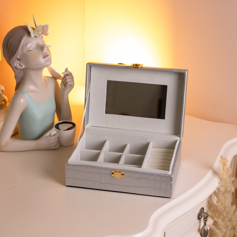 Скринька для прикрас з еко шкіри 10 відділень з дзеркалом 20×14×8 см Сірий HP-5-19G Коломыя - изображение 6