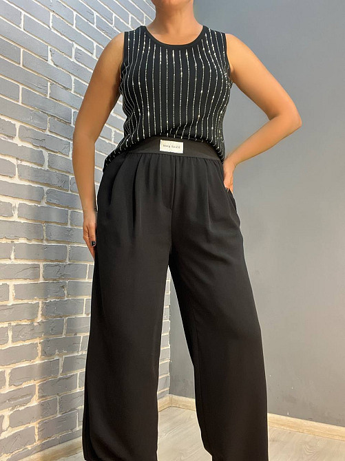Брюки жіночі 0702 широкі прямі палаццо талія на резинці чорні, чорний, M Київ - фото 3