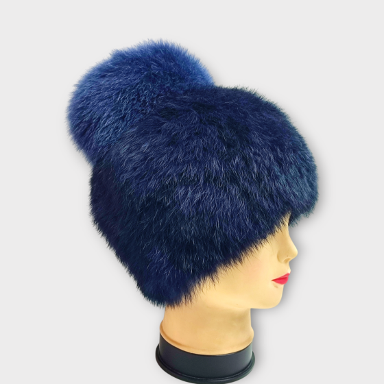Шапка хутряна жіноча Ліхірик з хутра кролика з бубоном песця Синій Харків