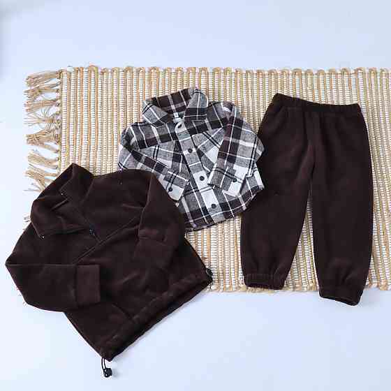 Коричневый теплый детский комплект из флиса тедди (рубашка в клетку+толстовка+брюки) Каменец-Подольский