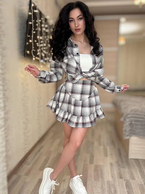 Жіночий стильний костюм-двійка: сорочка та спідниця в клітинку бавовна тіар Сірий, 42/44 Одеса - фото 6