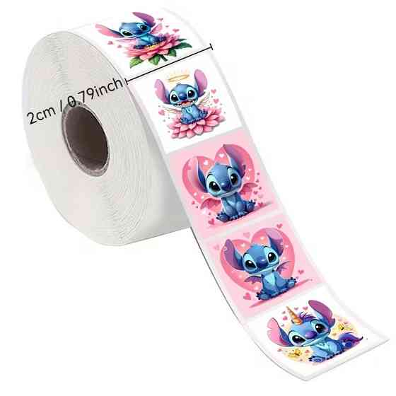 Стікери «Стіч єдиноріг» — рулон 500 шт, Ø2.5 см, милі наліпки для школи, щоденників і пакування Київ