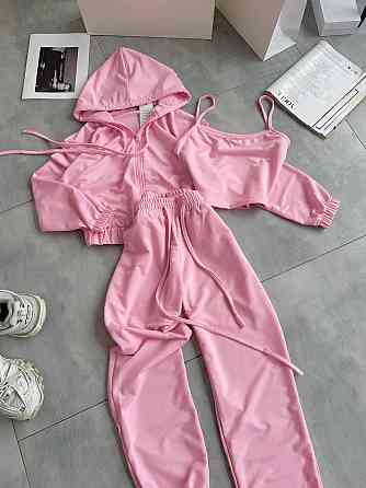 Жіночий повсякденний костюм-трійка: кофта топ і штани двонитка Рожевий, 46/48 Одеса