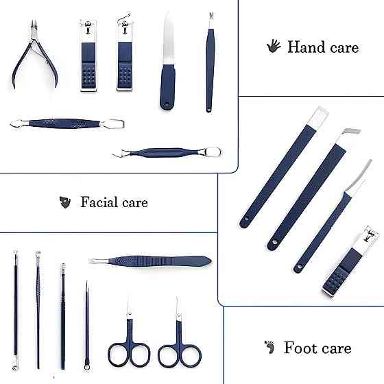 Манікюрно-педикюрний набір RESTEQ з інструментами для догляду за обличчям — 18 предметів у стильному синьому футлярі Київ