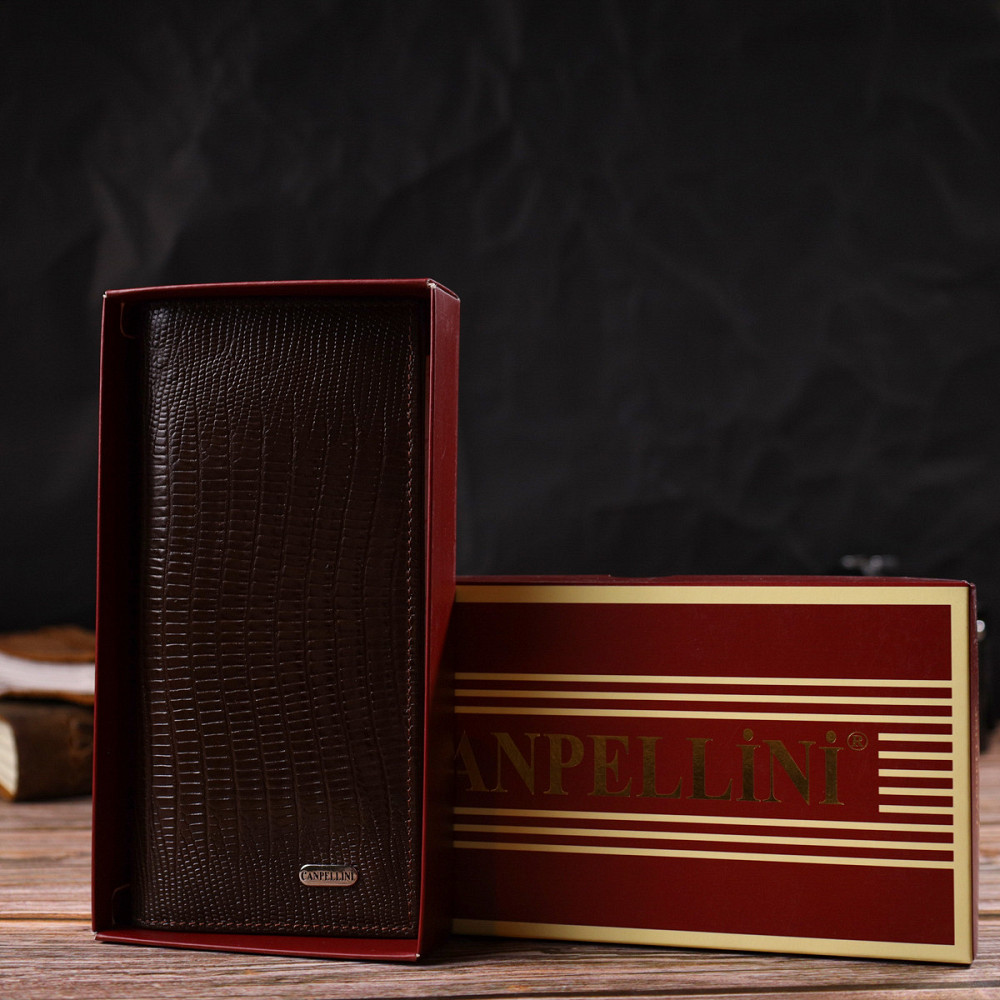 Фактурный мужской вертикальный бумажник из натуральной кожи с тиснением Коричневый (CANPELLINI) Киев - изображение 4