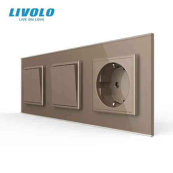 LIVOLO Чотирьохклавішний вимикач (2-2) з розеткою Livolo золотий скло (VL-C7K2/K2/FCTC16A-6AP) Коломия