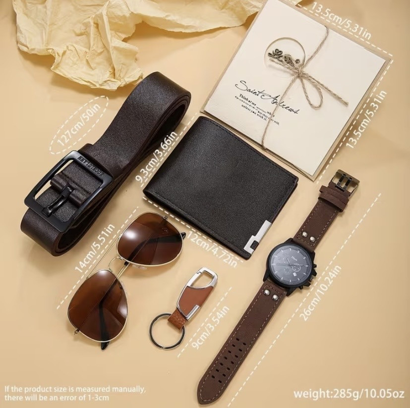 Подарунковий набір для чоловіків 6 в 1 наручний годинник окуляри конверт ремінь гаманець брелок коричневий Київ - фото 2