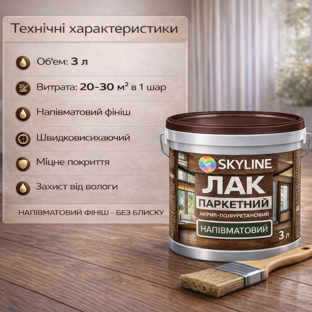Лак для підлоги напівматовий Skyline паркетний, акрил-поліуретановий, водний, зносостійкий, без запаху, 3 л Харків - фото 10