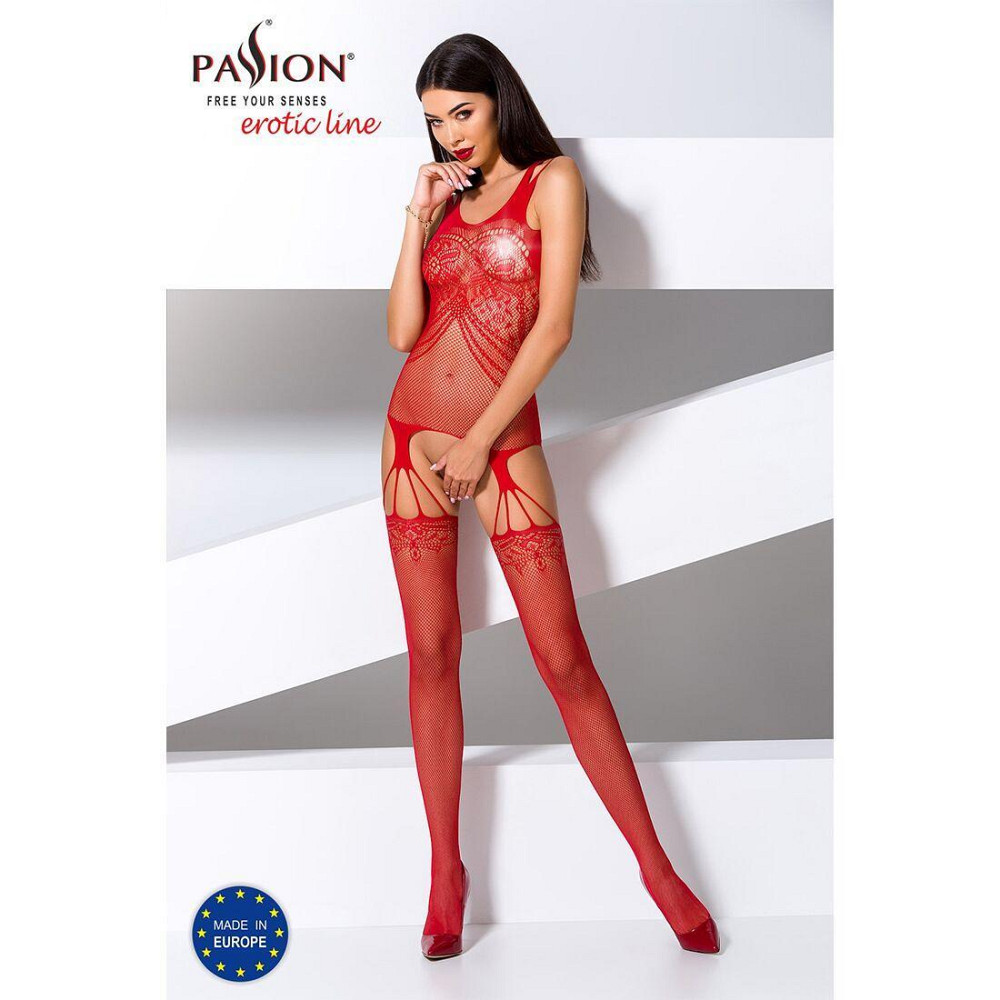 Бодістокінг Passion BS070 red, комбінезон, імітація панчох і ажурного топа Sex Aura Київ - фото 2