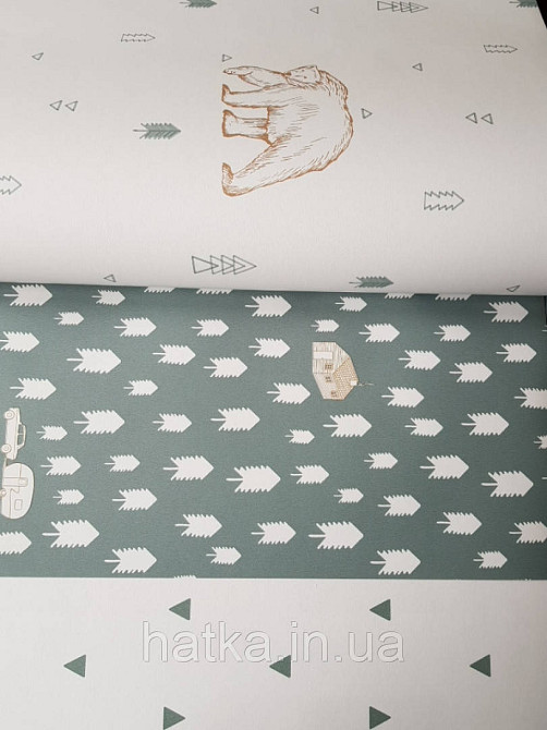 Обои флизелиновые детские  Caselio Our Planet животные медведи олени коричневые деревья серые на белом Киев - изображение 2