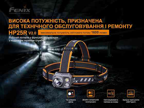 Ліхтар налобний Fenix ​​HP25R V2.0 1600лм 290м Type-C з кріпленням на шолом Вінниця