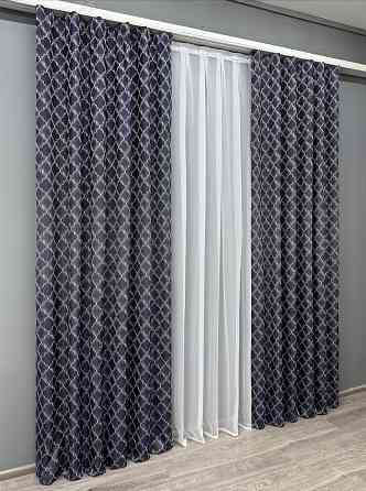 Комплект готових штор VR-Textil Жакард SAPFIR № 1751ш Темно-синій з молочним 150х300 см 2 шт (33-0715) Київ