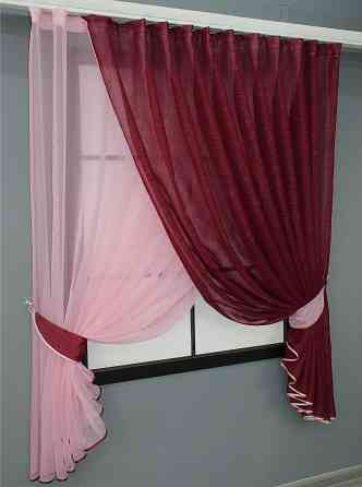Кухонные шторки VR-Textil № 101к с подвязками розовый с бордовым 330х170 см (50-376) Киев