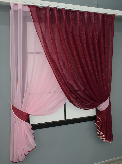 Кухонные шторки VR-Textil № 101к с подвязками розовый с бордовым 330х170 см (50-376) Киев - изображение 2