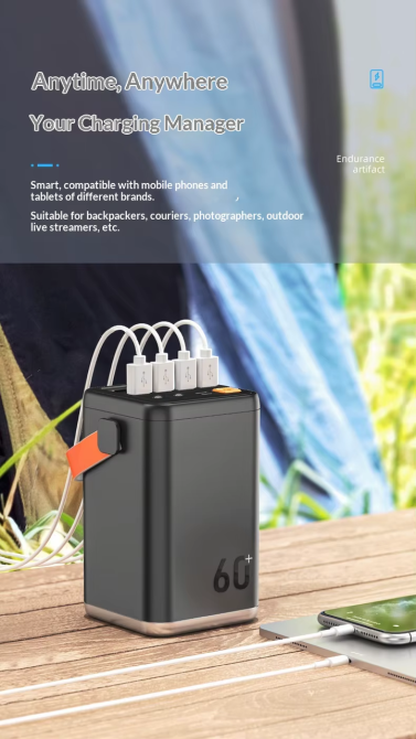 Повербанк O2 Project P YT-2430 45W 60000 mAh с быстрой зарядкой, фонариком и цветным дисплеем (Черный) Киев - изображение 8
