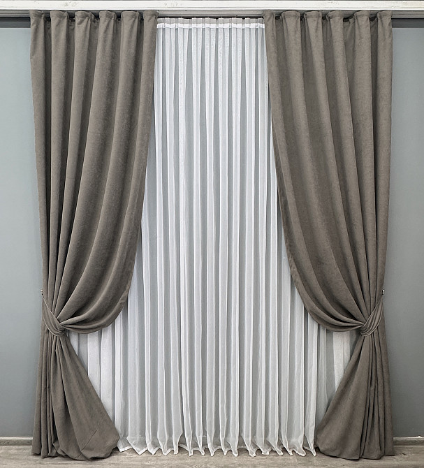 Комплект готових штор VR-Textil Мікровелюр Petek YL № 1710ш Сіро-коричневий 100х270 см 2 шт (31-0061) Київ - фото 2