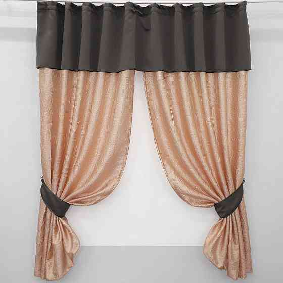 Кухонные шторы VR-Textil № 073к с ламбрекеном и подхватами персиковый с какао 260х170 см (52-0102) Киев